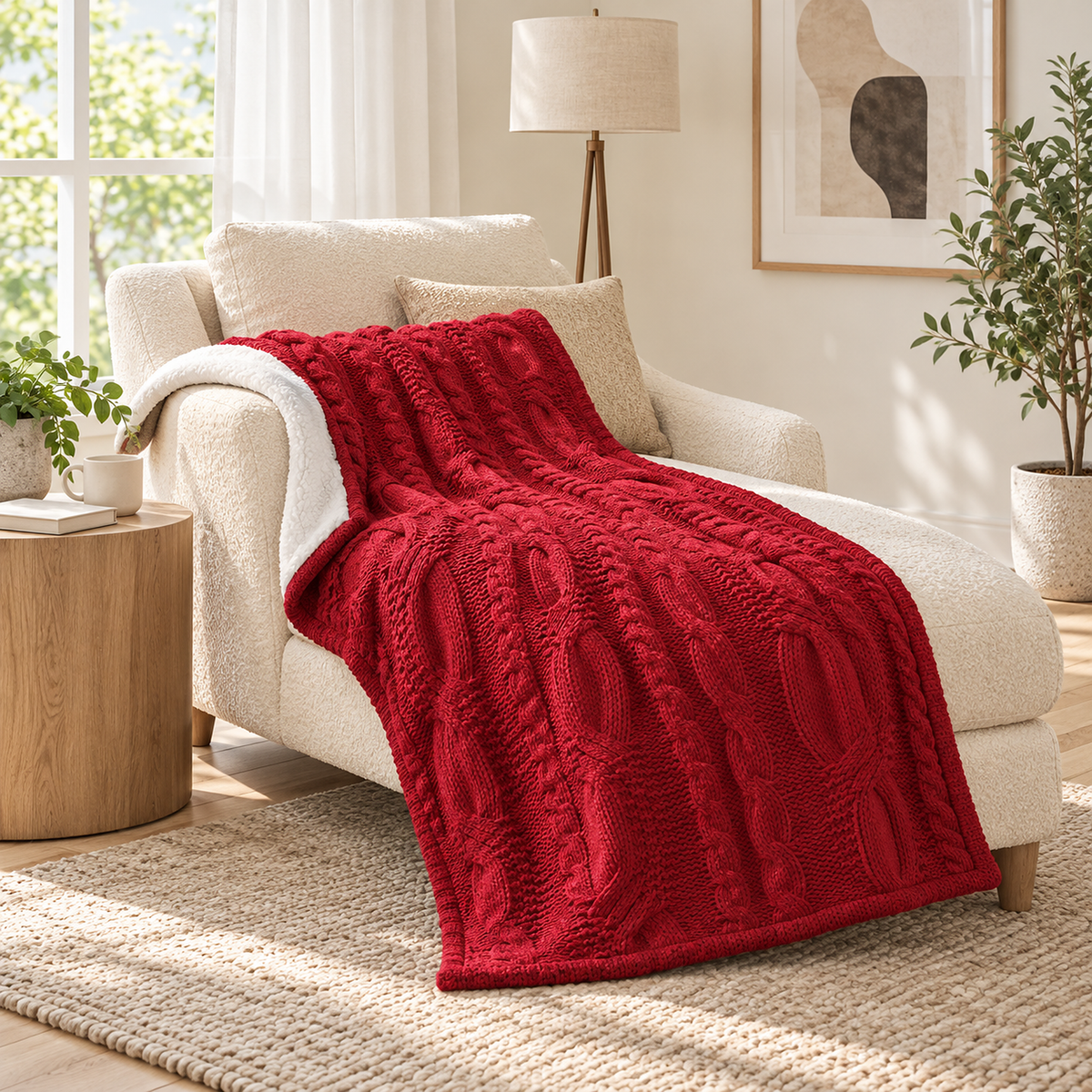 Tarivel red plush throw blanket opened over an armchair in a bright furnished reading corner