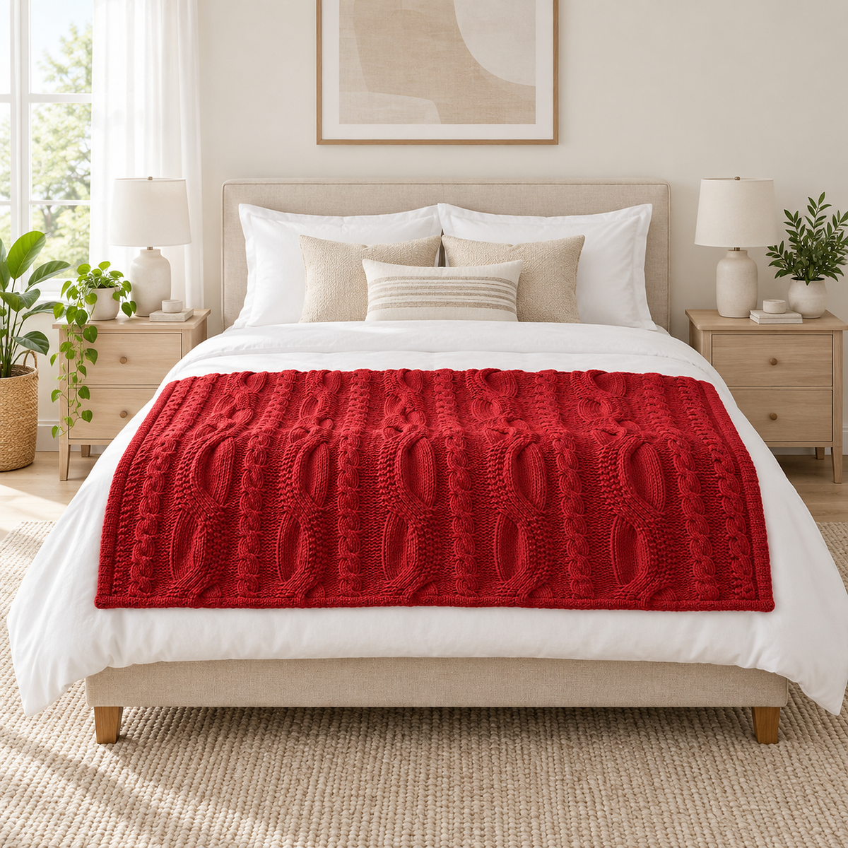 Tarivel red soft throw blanket laid open on a queen bed to show its true size