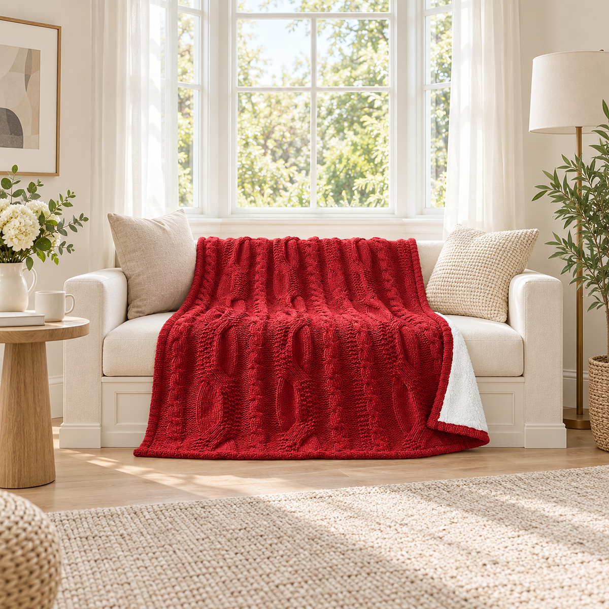 Tarivel red soft throw blanket on a cushioned living room window seat, machine washable at home