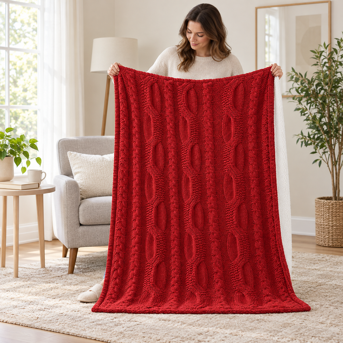 Tarivel red throw blanket held open by a standing adult to show its 130 by 150 cm size