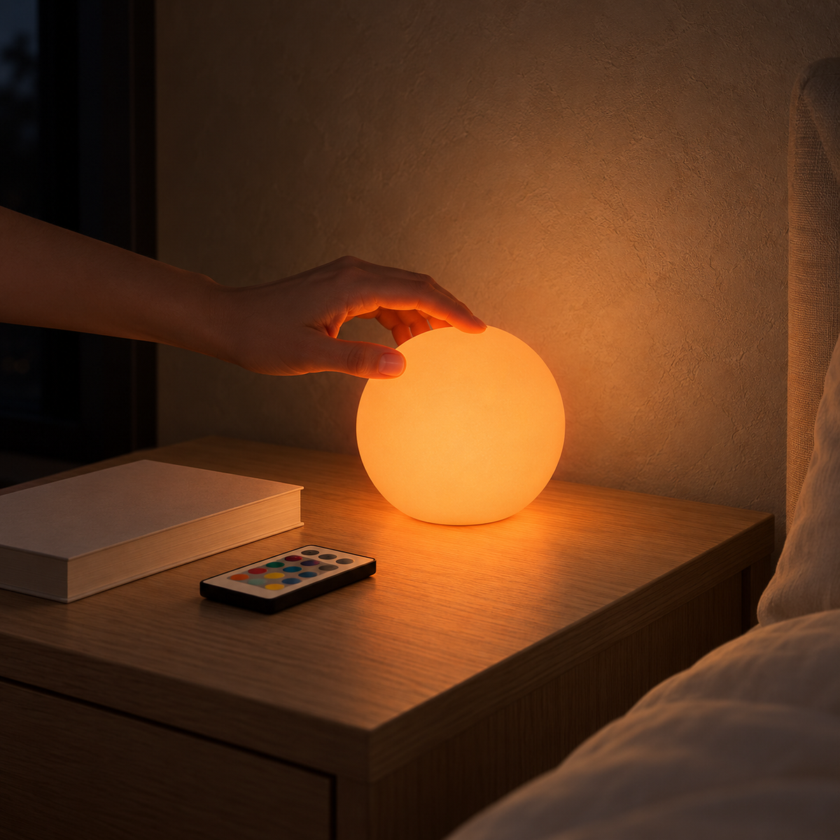 Tarmela white bedside lamp with a gentle orange glow and its remote control in a bedroom at night