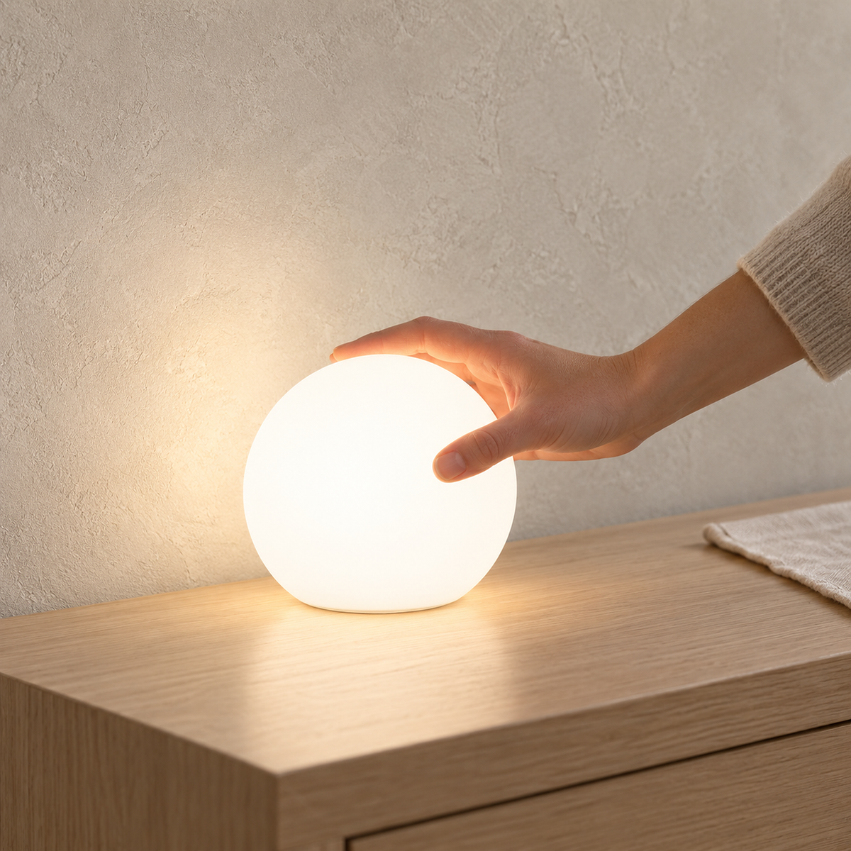 Tarmela white cordless table lamp glowing on a hallway console in daylight