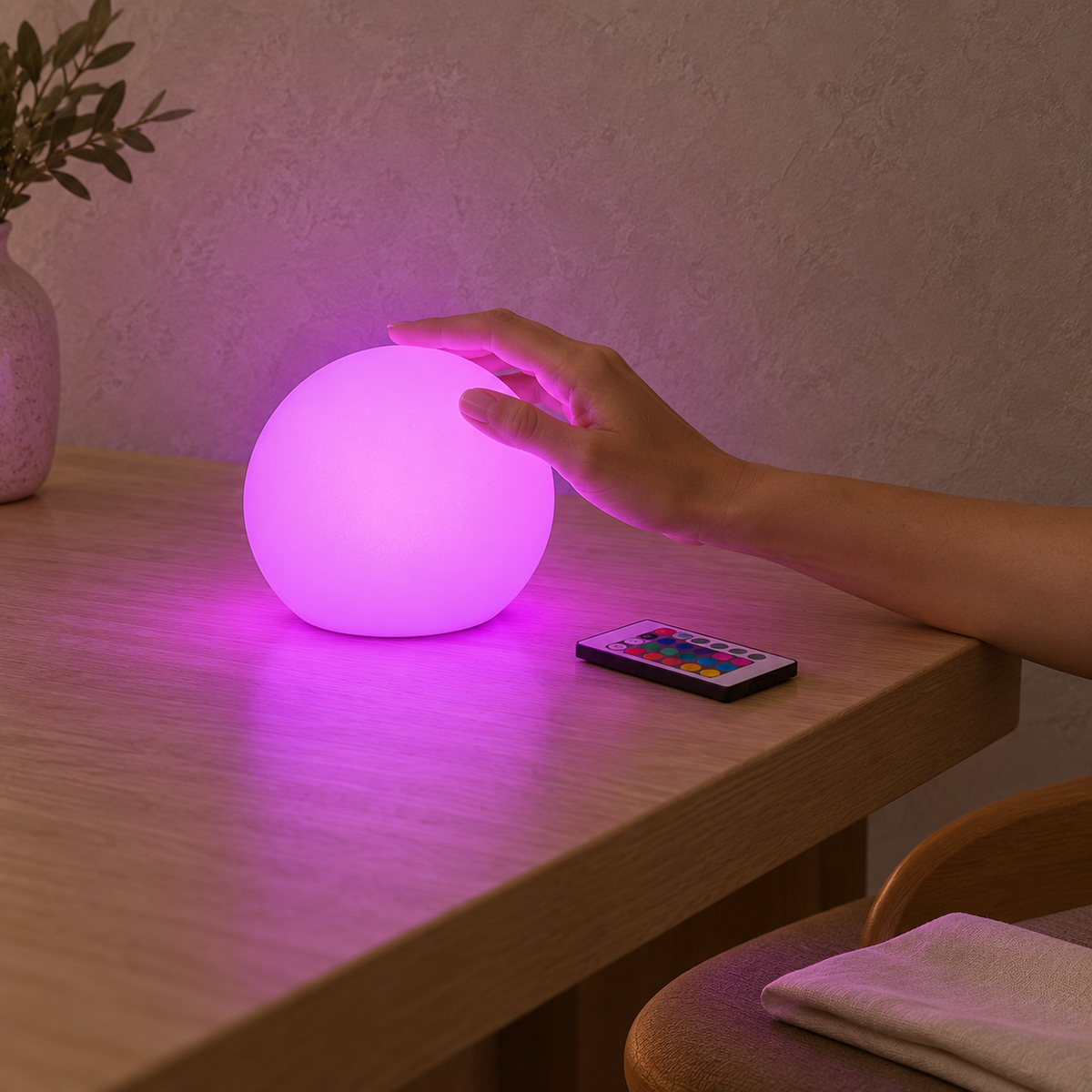 Tarmela white portable table lamp spreading pink light across a dining table