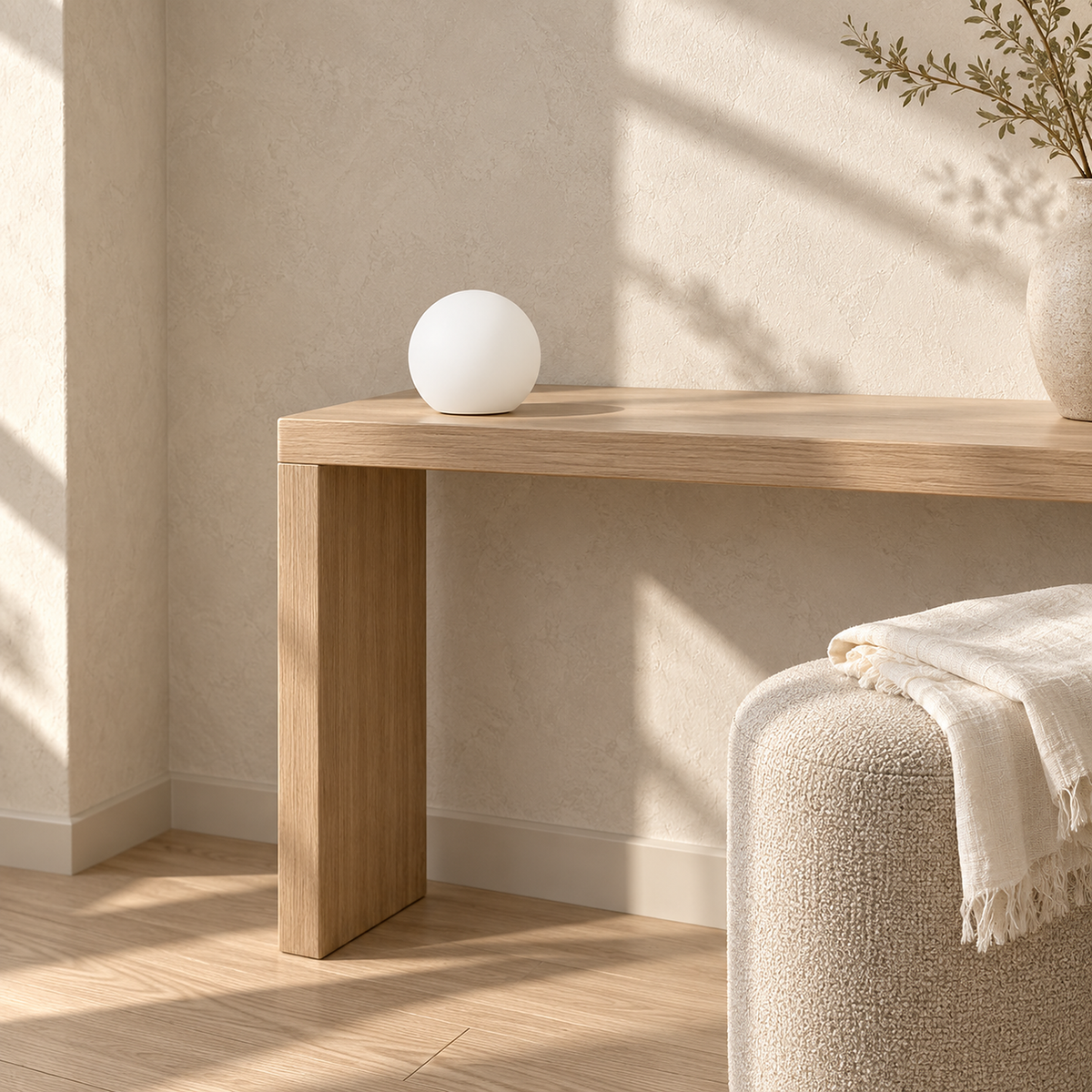 Tarmela white portable table lamp unlit on a table in a sunny dressing room