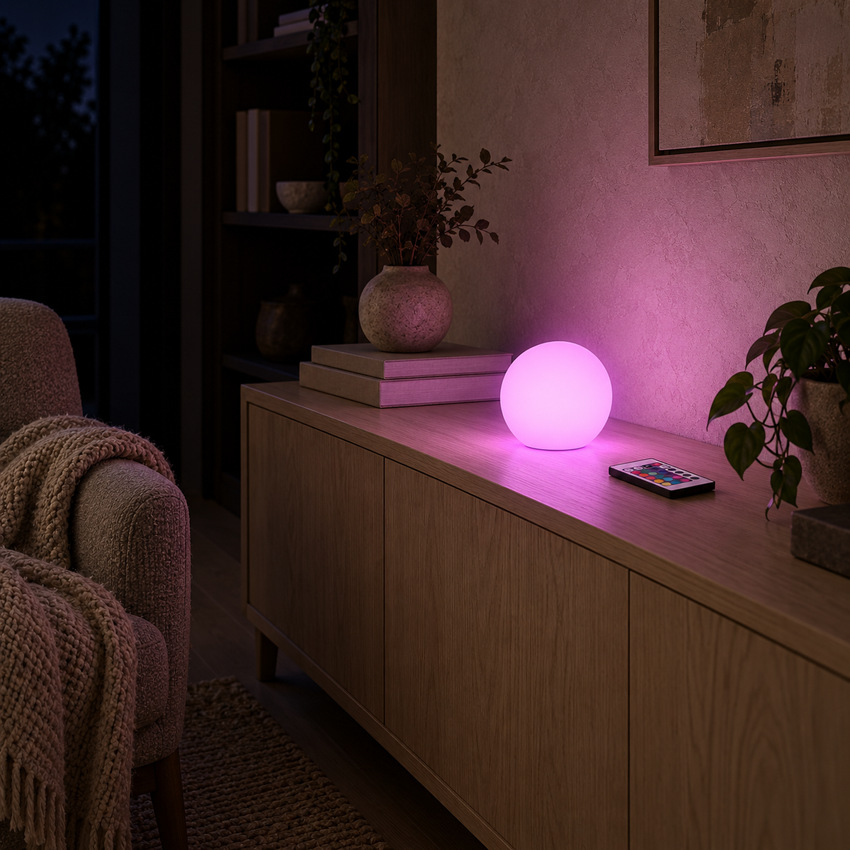 Tarmela white rechargeable table lamp with its remote control, glowing pink in a library at night