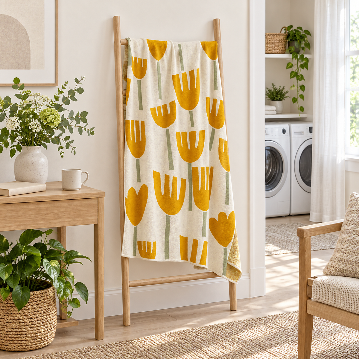 Taroveli cream soft throw blanket with mustard yellow flowers and muted green stems on a wooden ladder.