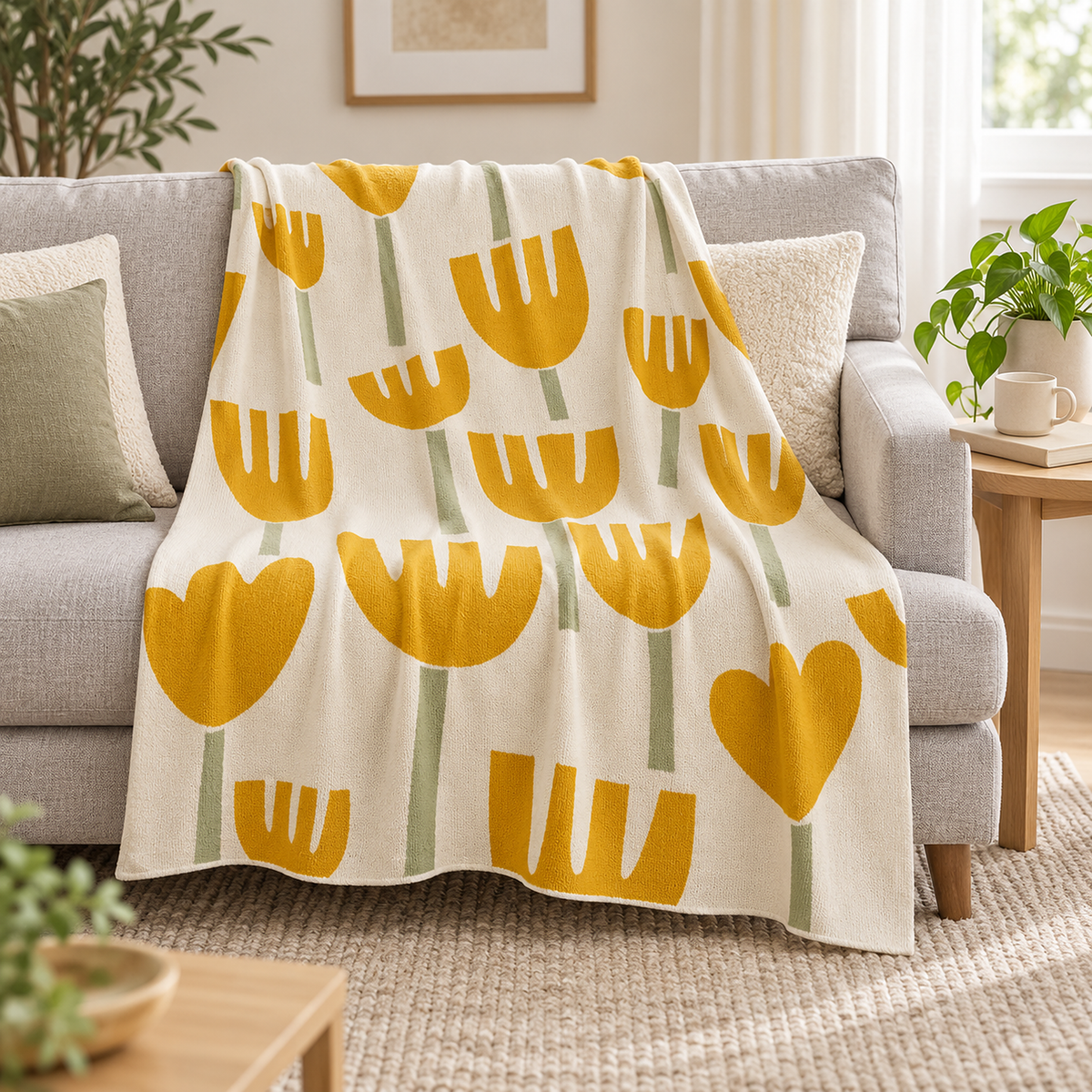 Taroveli cream and yellow floral throw blanket for couch draped open over a plain gray couch