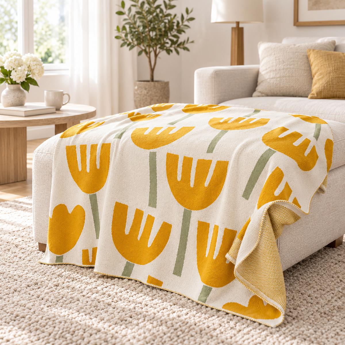 Taroveli cream and yellow knit throw blanket in 100% cotton with one corner folded back