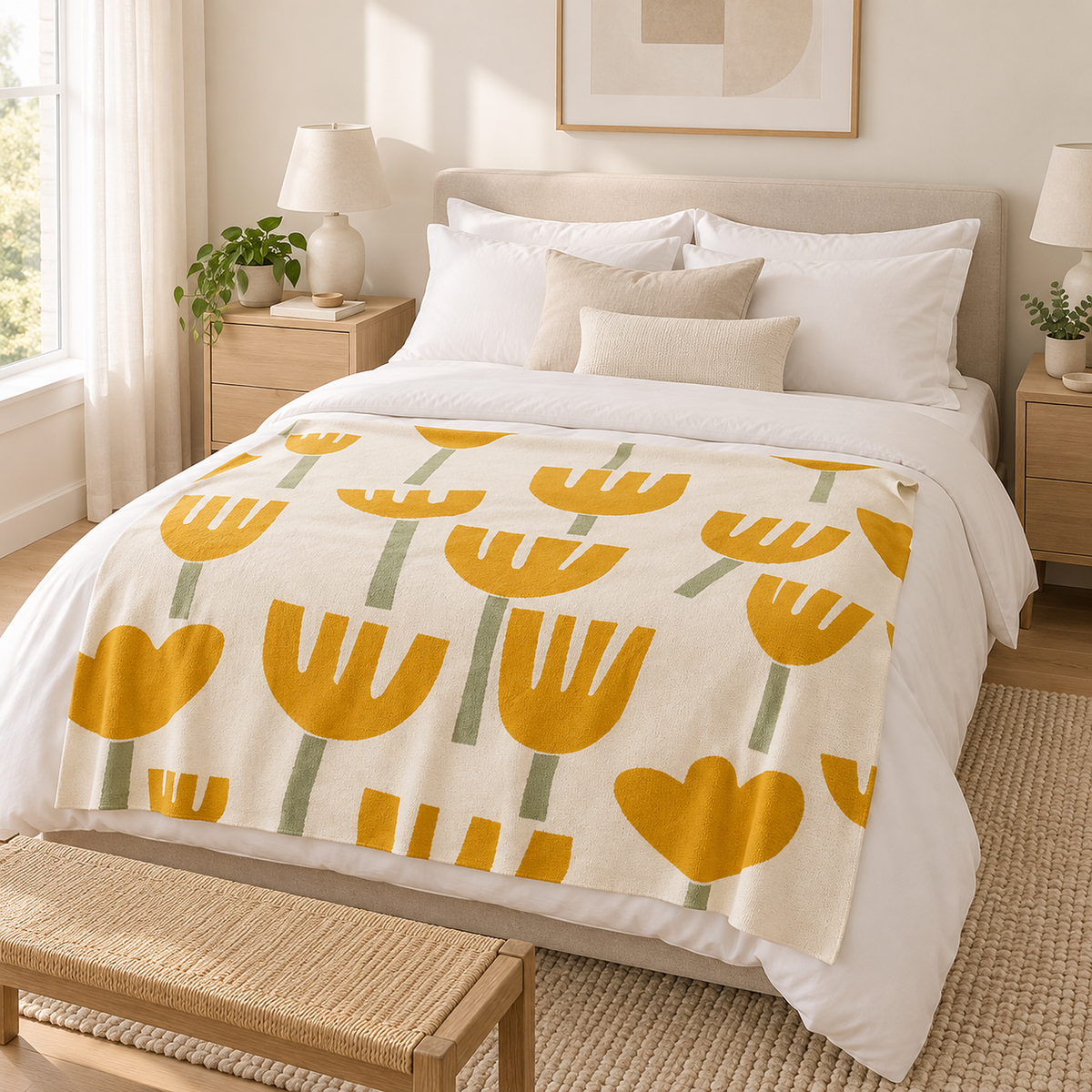 Taroveli cream floral cotton throw blanket laid open on a queen bed in a guest bedroom