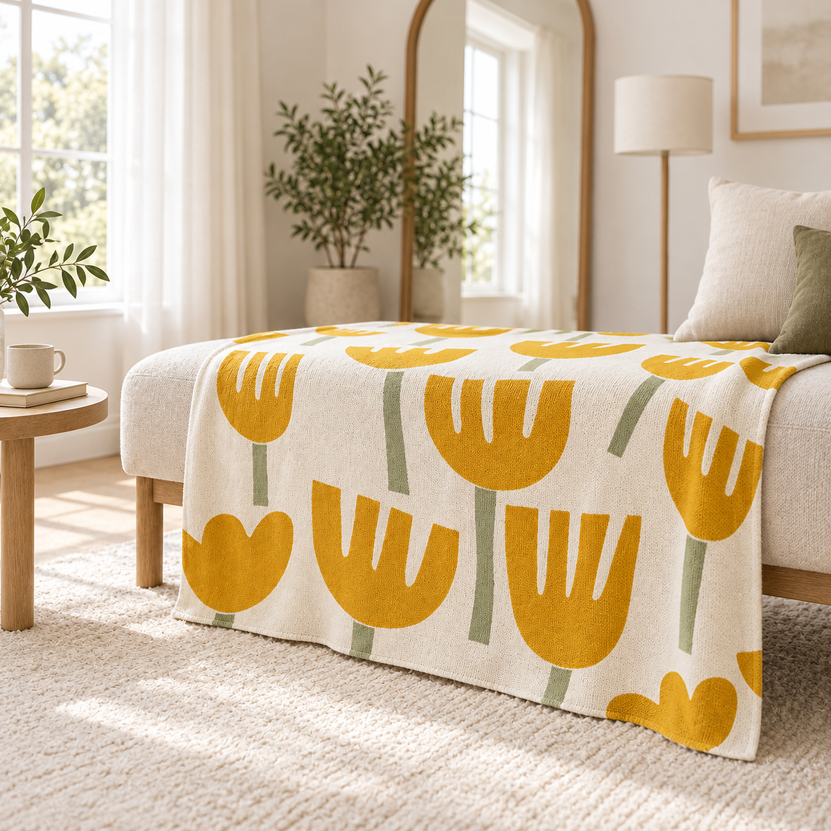 Taroveli cream floral cotton throw blanket lying flat over an upholstered bench