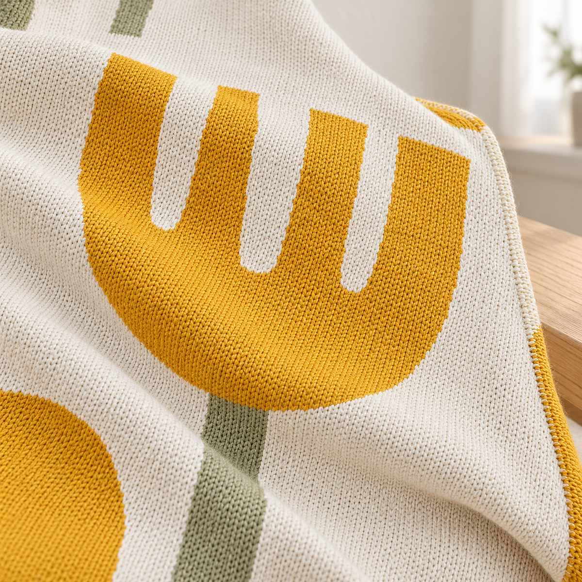 Taroveli knit throw blanket close up of fine cotton loops across a yellow flower motif on cream