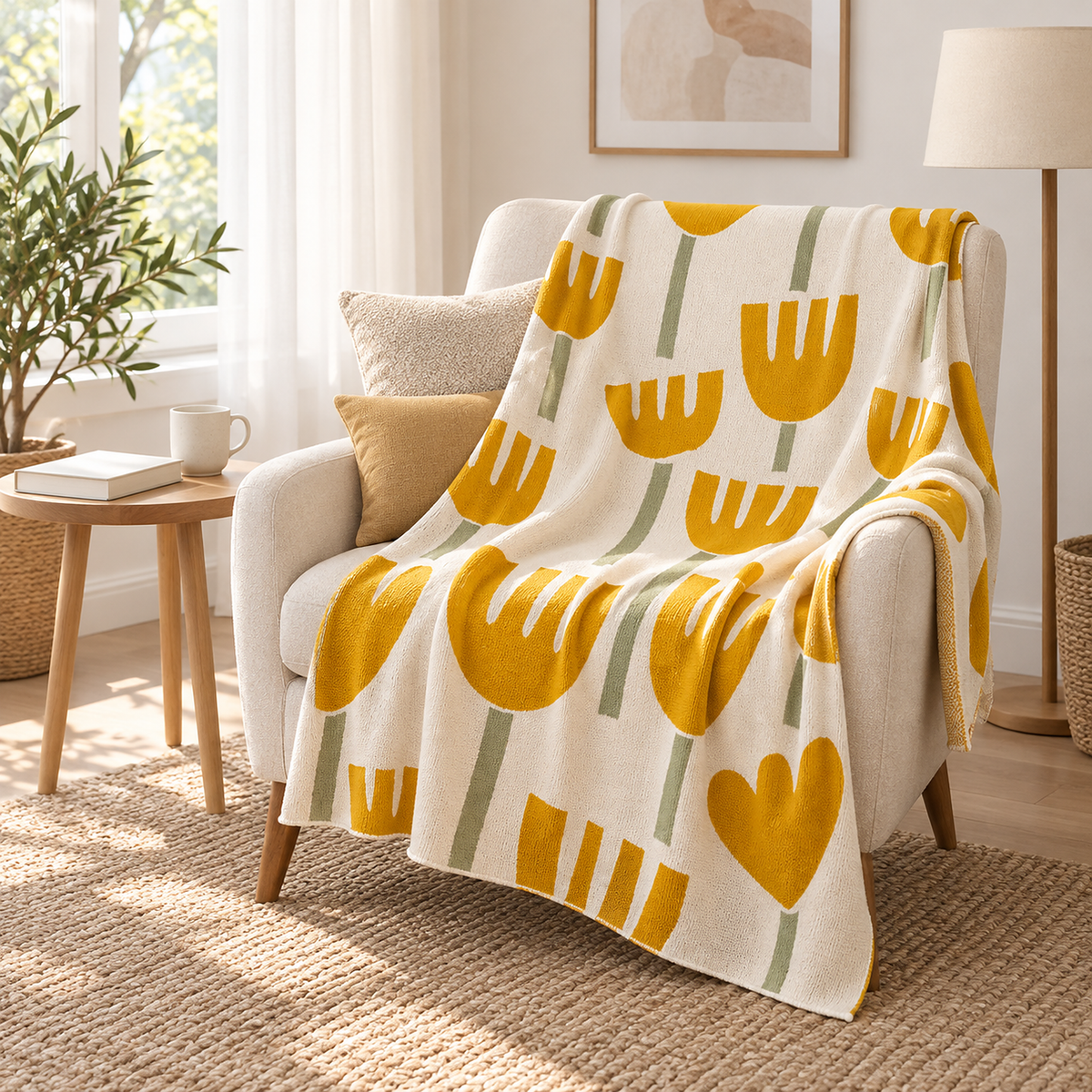 Taroveli cream floral throw blanket with mustard yellow flowers and green stems draped over an ivory armchair