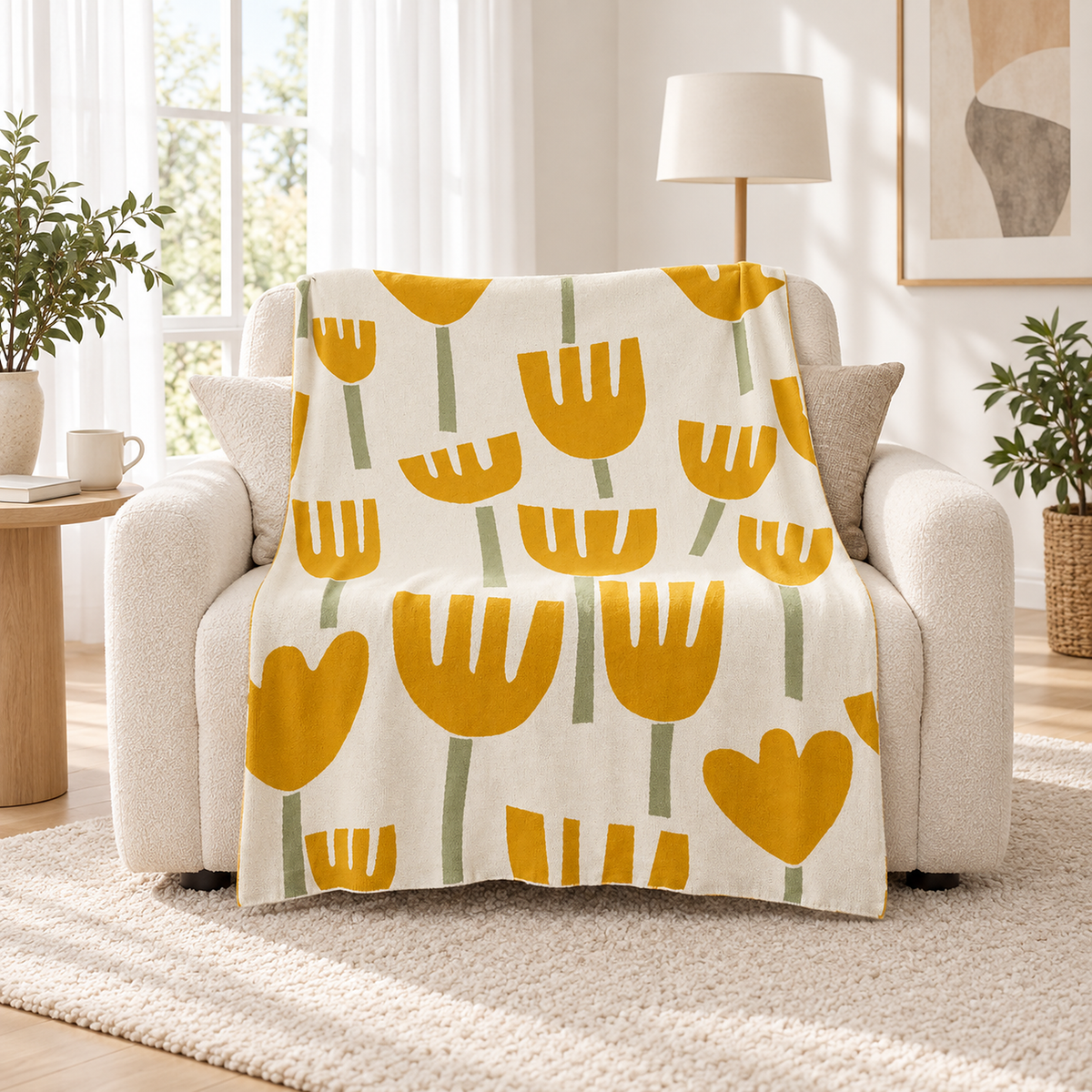 Taroveli yellow floral soft throw blanket draped open over a broad reading armchair