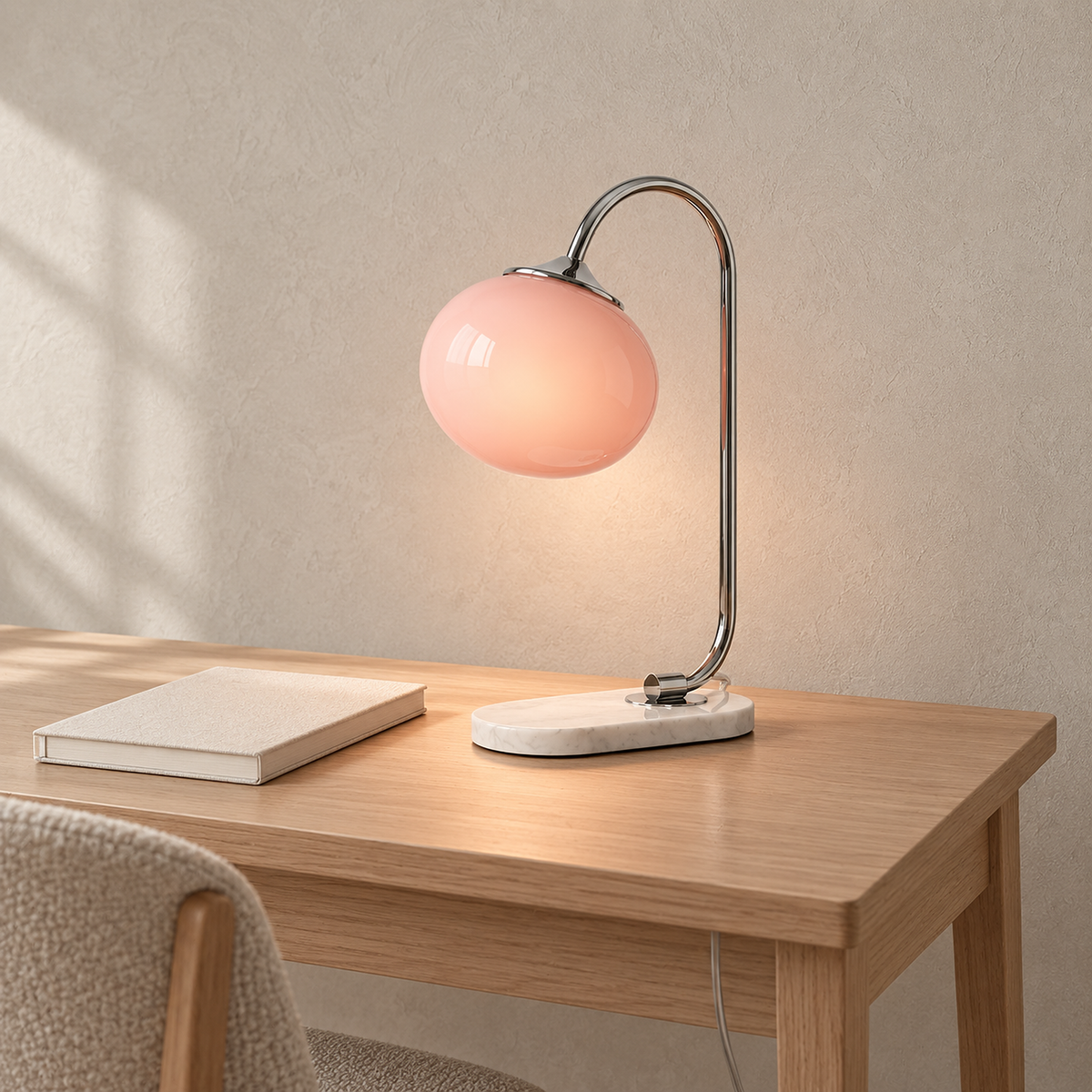 Taselvo chrome and pink table lamp switched on atop a study desk in daylight #color_chrome & pink