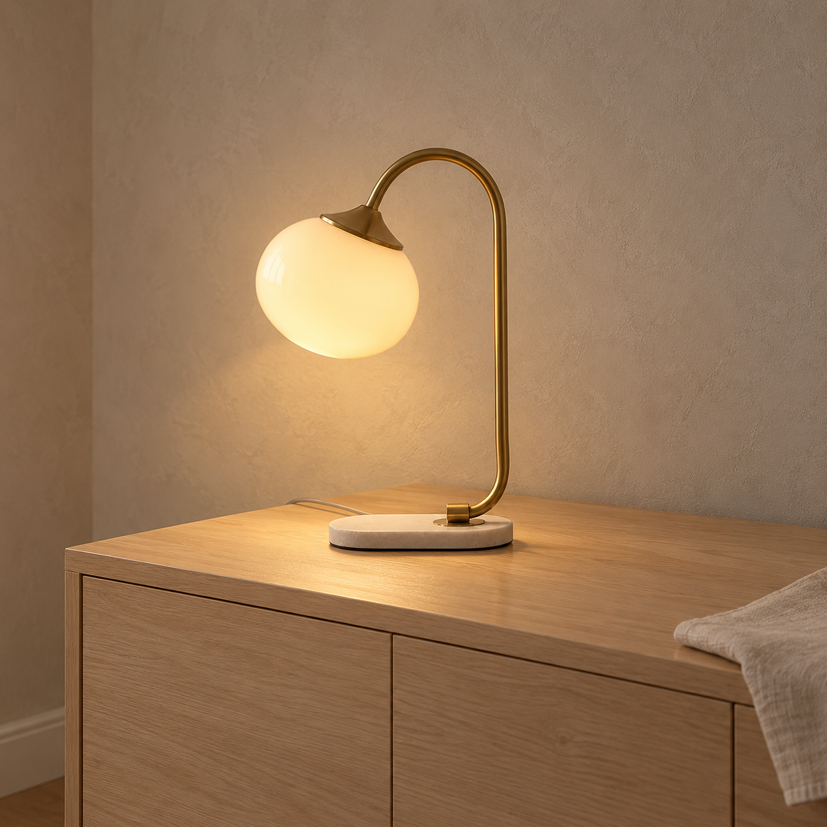 Taselvo gold and beige bedside lamp, detail of the thin curved pole that holds the glowing shade