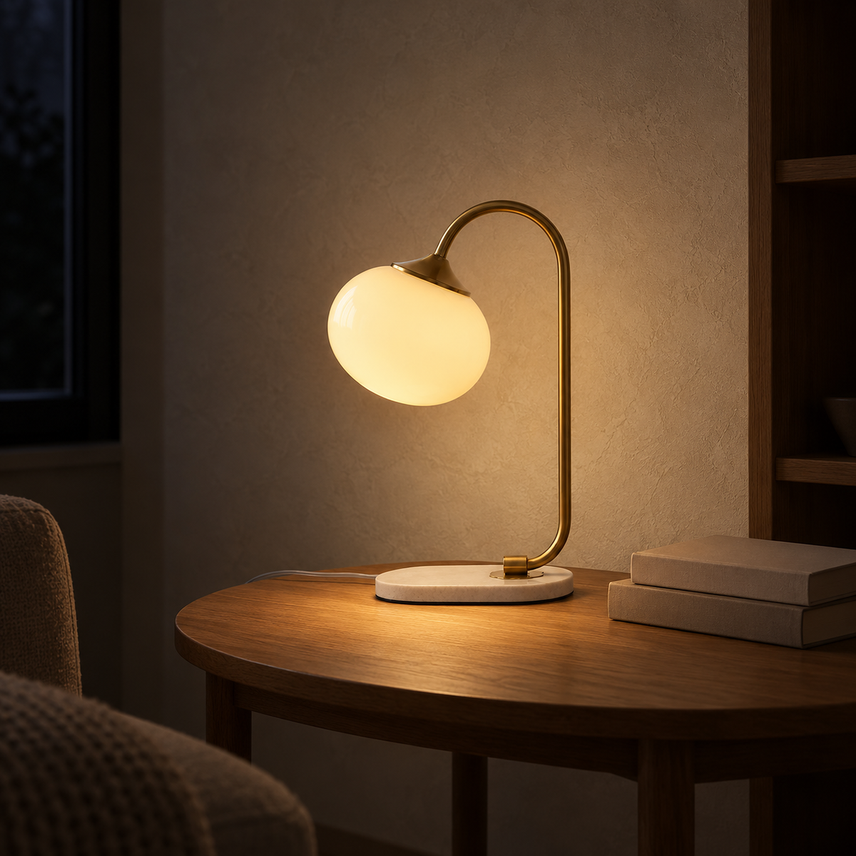 Taselvo gold and beige bedside lamp switched on and glowing in a library at night
