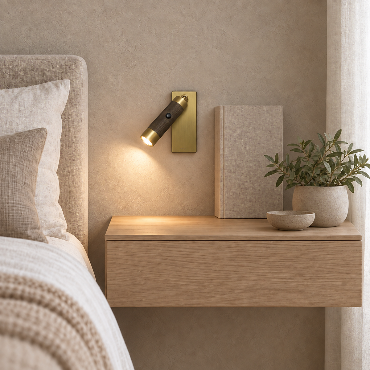 Tavelo bronze bedside lamp lit beside a blank book in a daylit primary bedroom #color_bronze