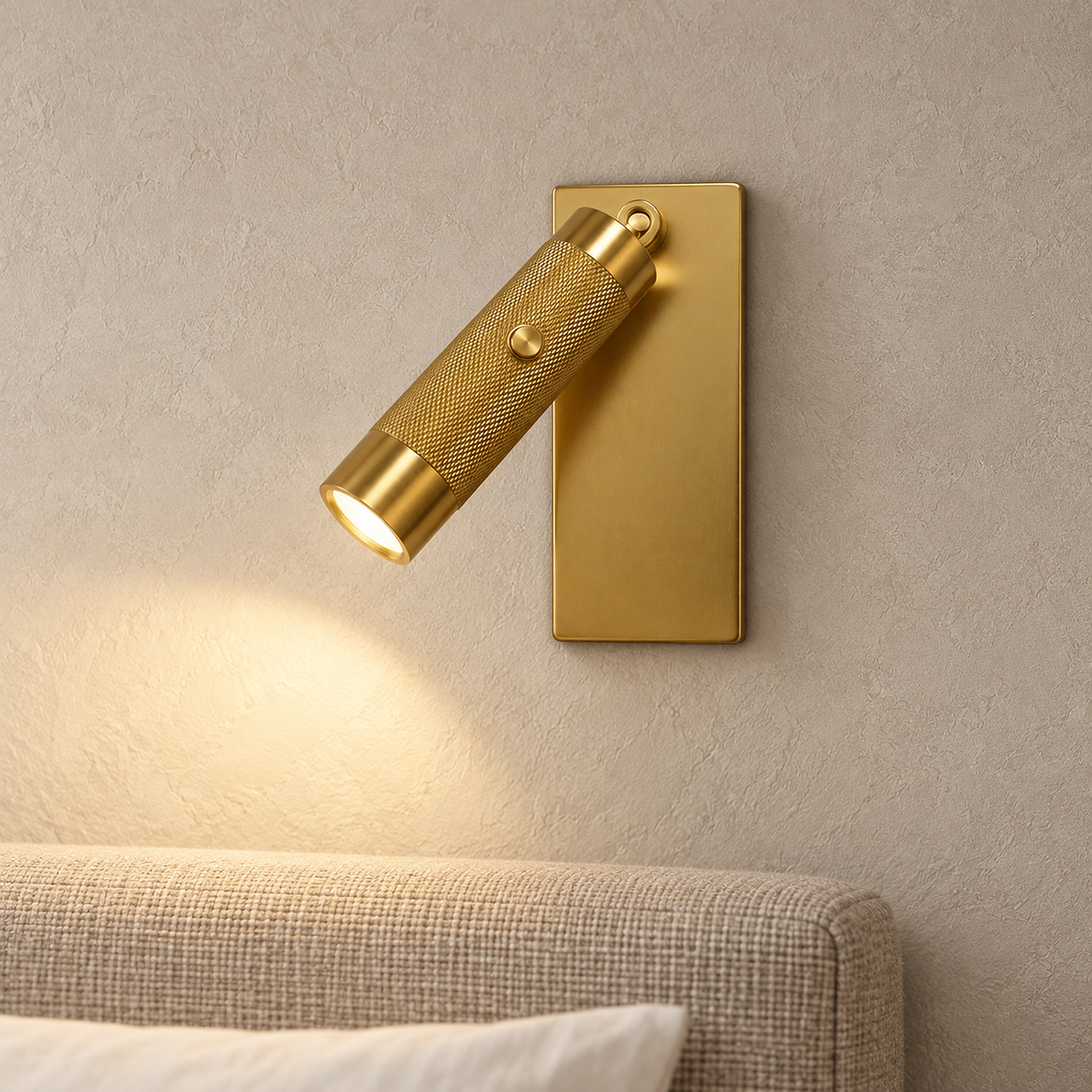 Tavelo gold bedside lamp glowing above a headboard in a bright primary bedroom