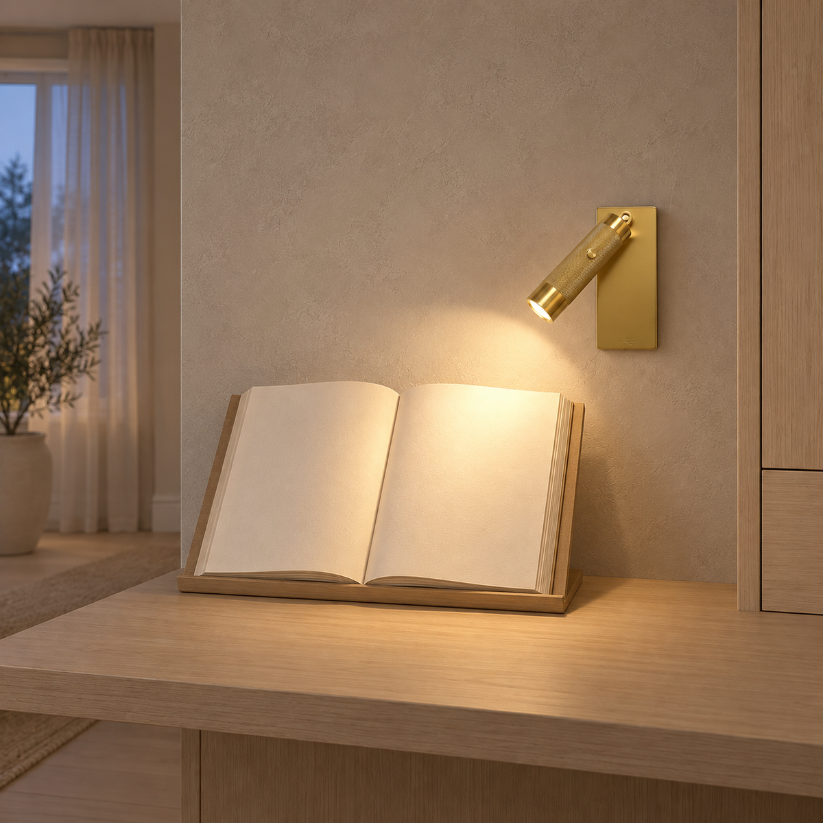 Tavelo gold LED wall sconce aiming warm white light at an upright open book on a study desk