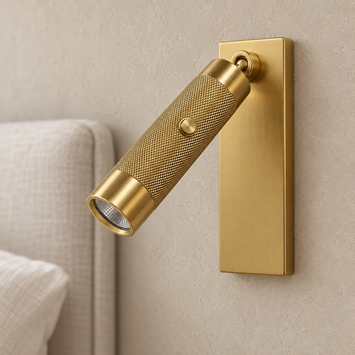 Tavelo gold LED wall sconce head in close view with its push switch and front rim