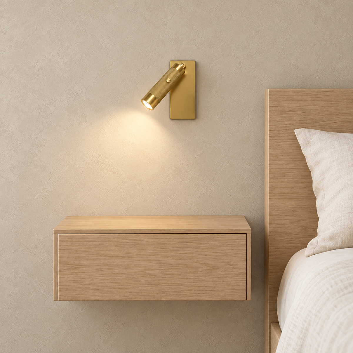 Tavelo gold LED wall sconce lit above a floating bedside cabinet in a daylit bedroom
