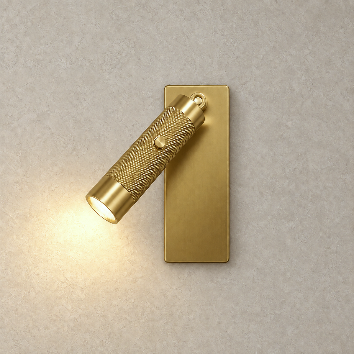 Tavelo gold LED wall sconce lit and casting warm white light on a plain wall