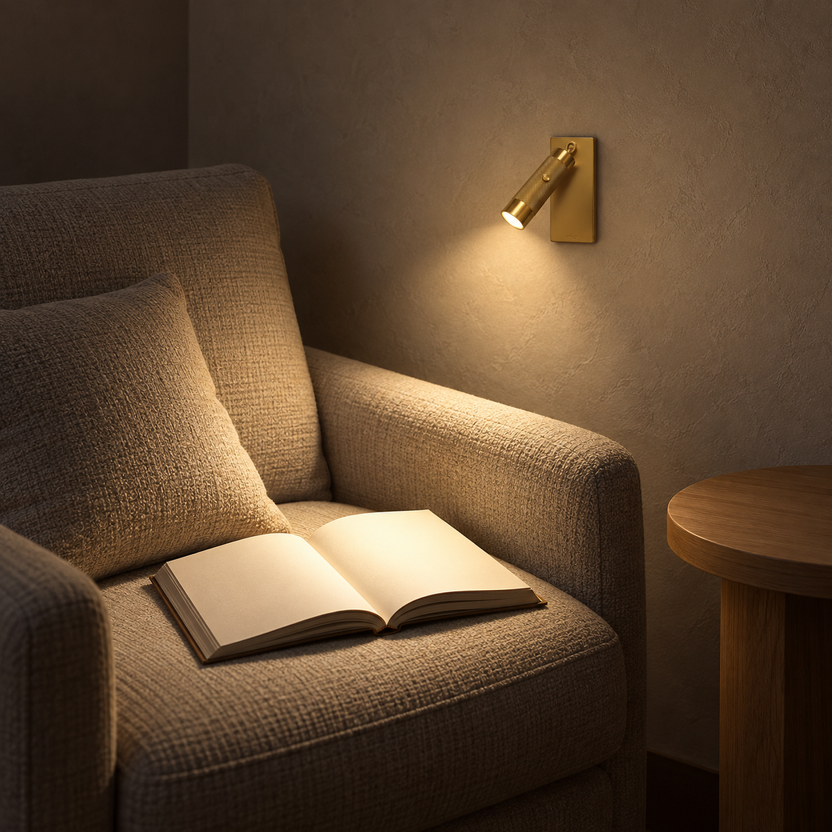 Tavelo gold LED wall sconce lit over an open blank book on an empty armchair at night