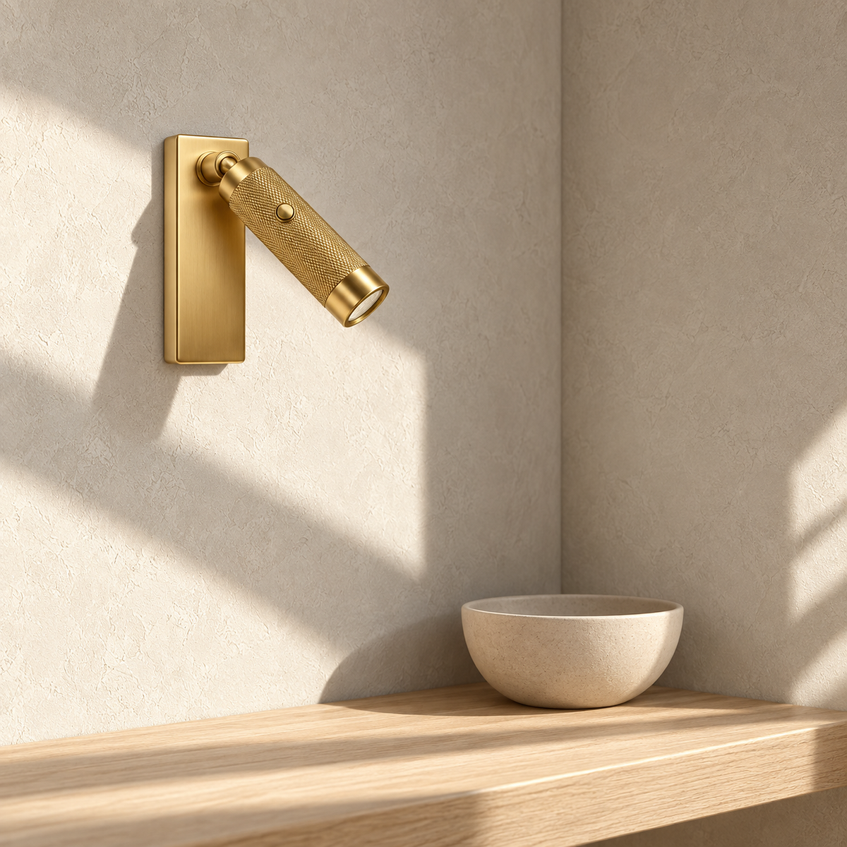 Tavelo gold LED wall sconce switched off in bright daylight on a dressing room wall
