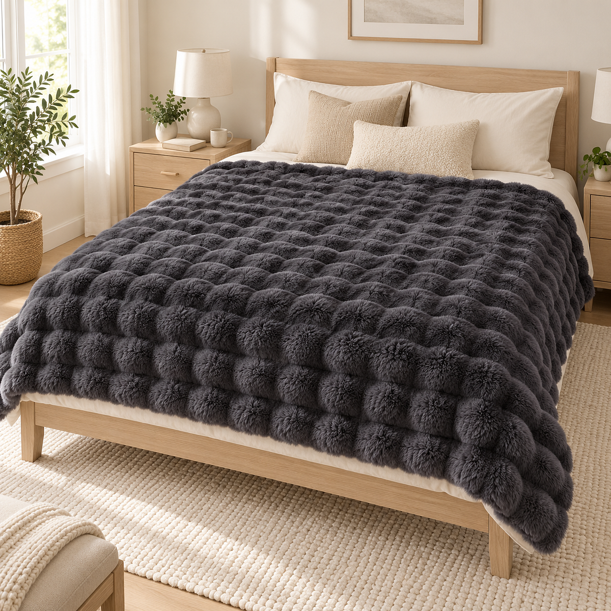 Tavenel coral fleece blanket in dark gray, an oversized throw blanket covering a full bed with a slatted headboard #color_dark gray