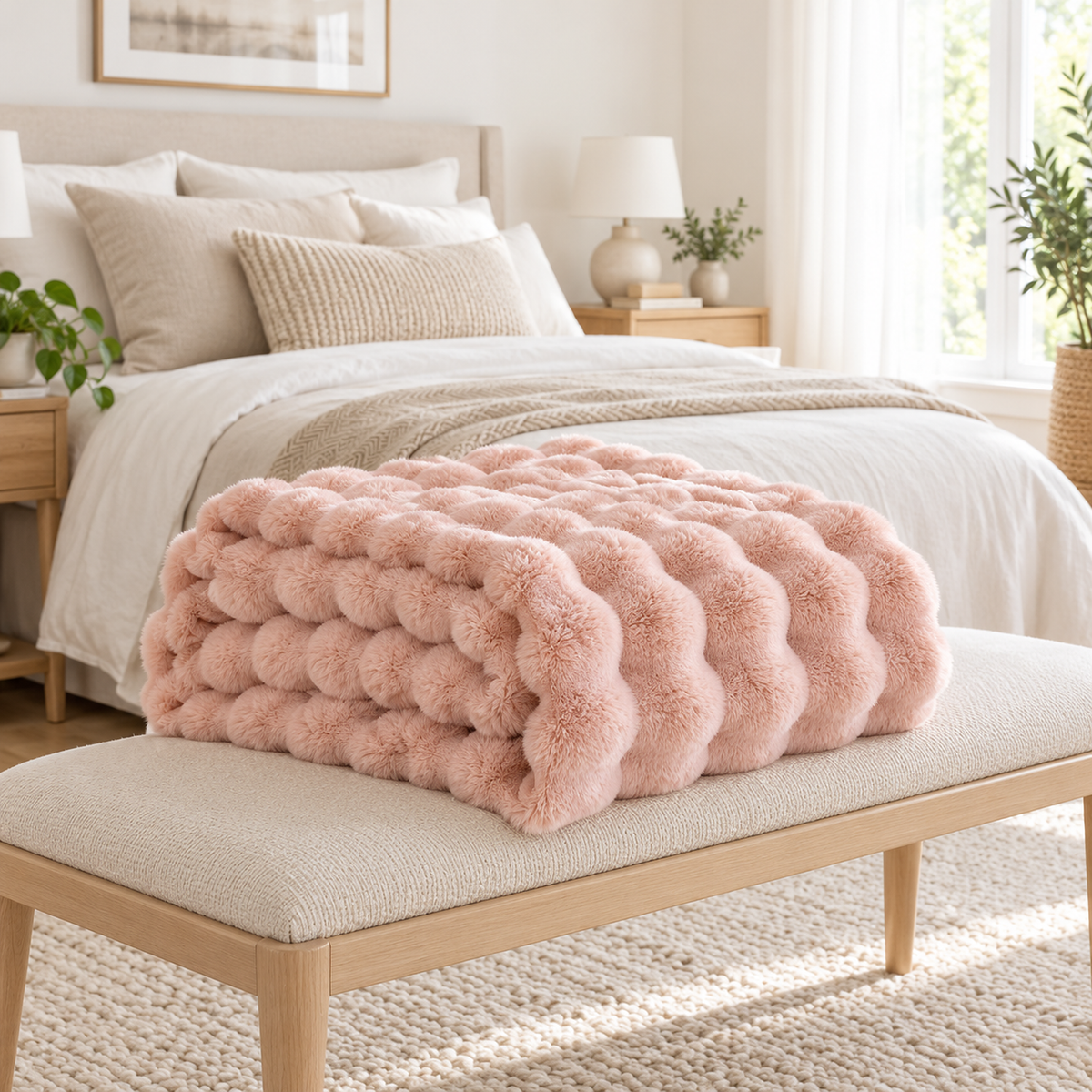 Tavenel coral fleece blanket in pink, a fleece throw blanket folded on a pale birch bedroom bench