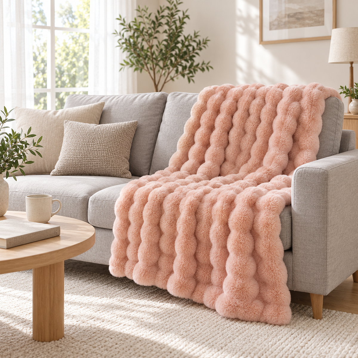 Tavenel coral fleece blanket in pink, a soft throw blanket opened over a sofa for lounging in a sitting room