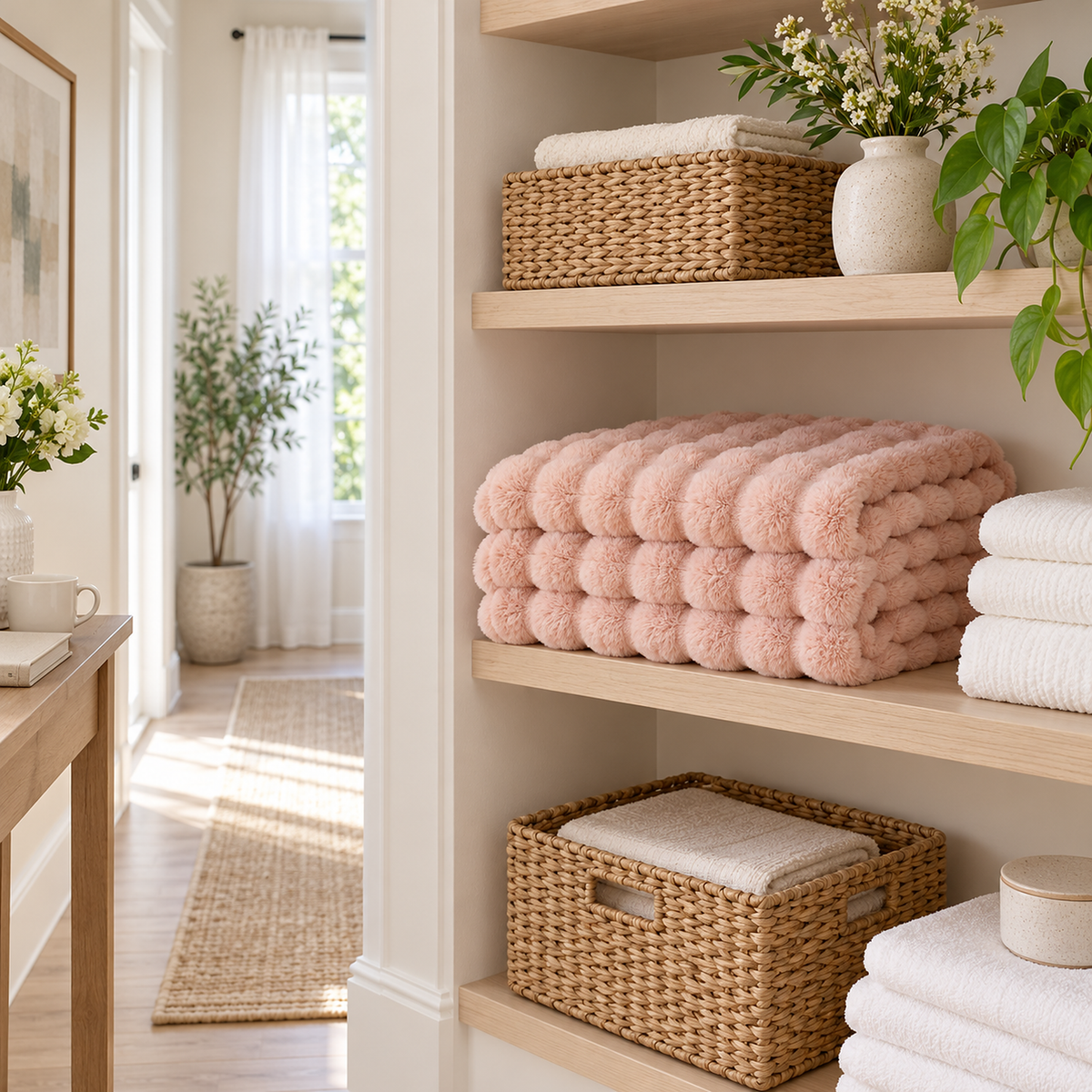 Tavenel coral fleece blanket in pink, a throw blanket folded away on an open shelf in a bright hallway nook