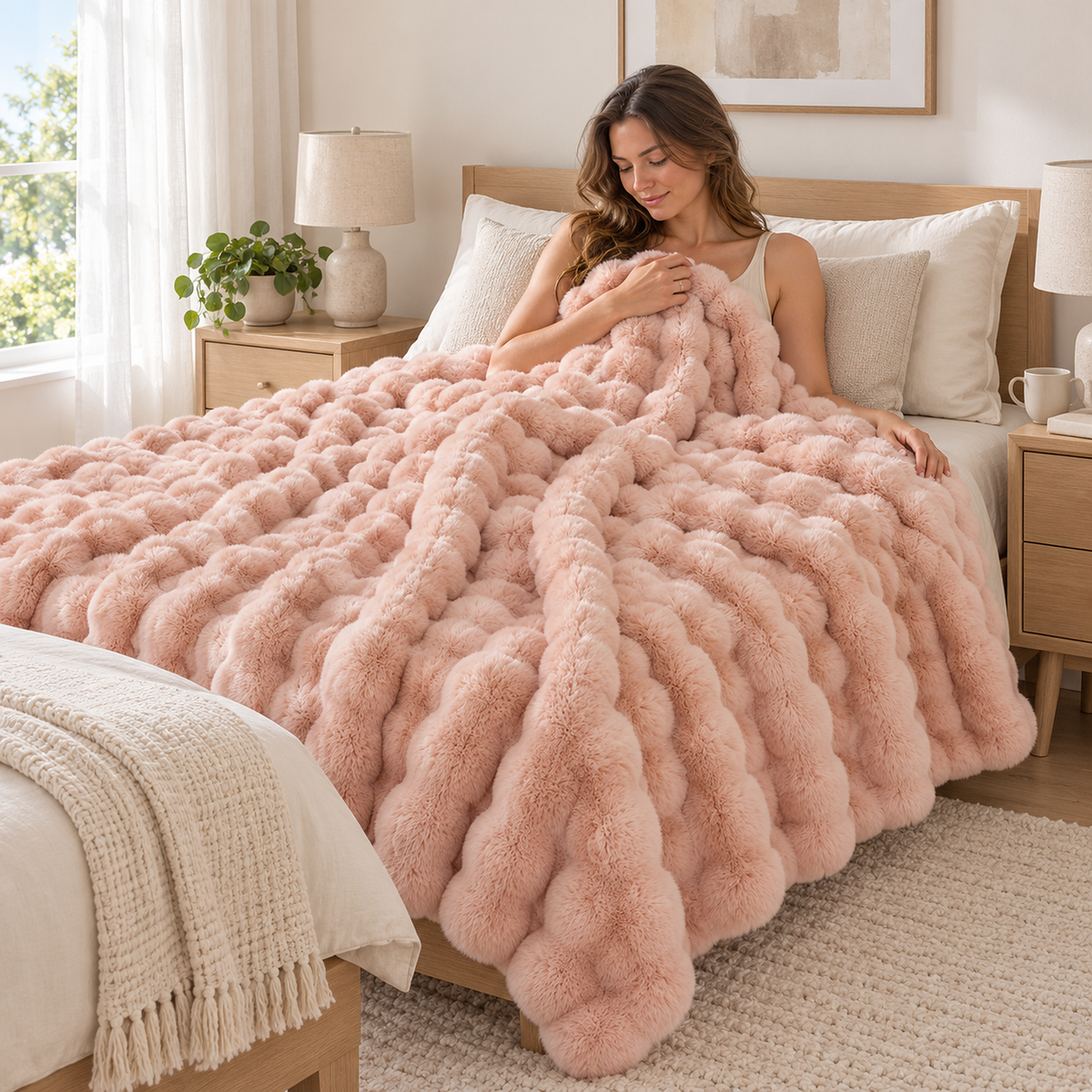 Tavenel coral fleece blanket in pink, an adult resting beneath the soft throw blanket on a full bed