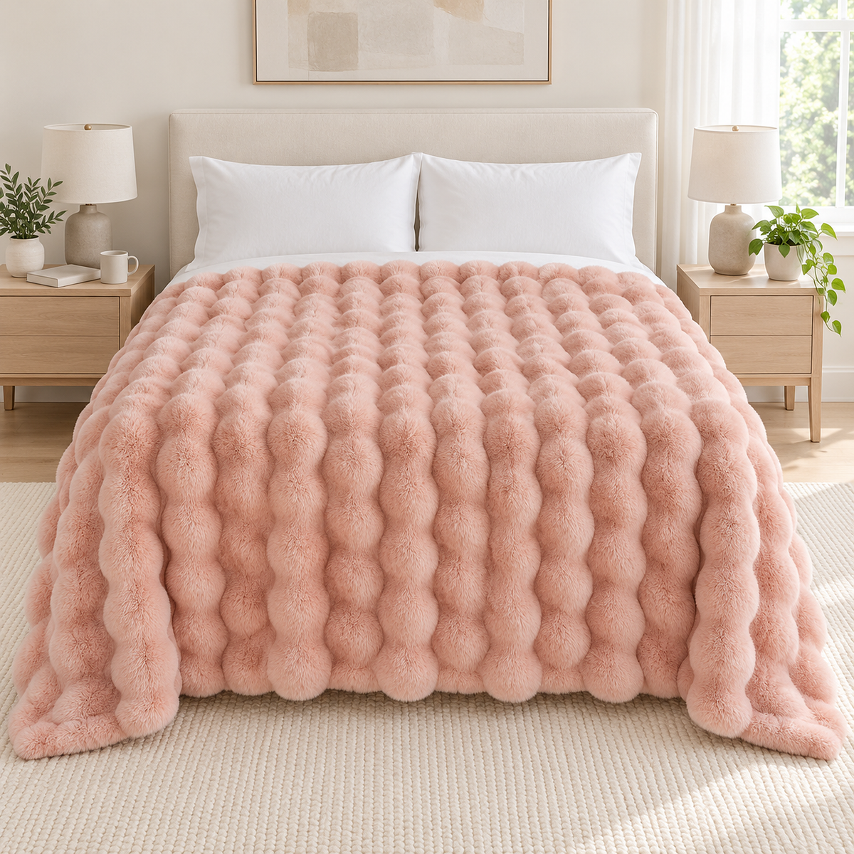 Tavenel coral fleece blanket in pink, an oversized throw blanket spread across a full bed with an ivory headboard