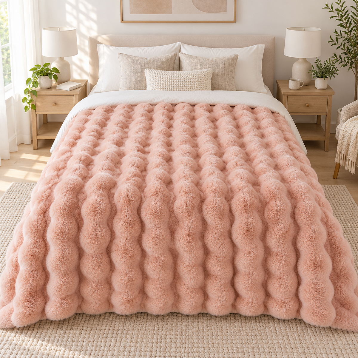 Tavenel coral fleece blanket in pink, brushed bubble rows beside the pillows on a made bed in a bright bedroom