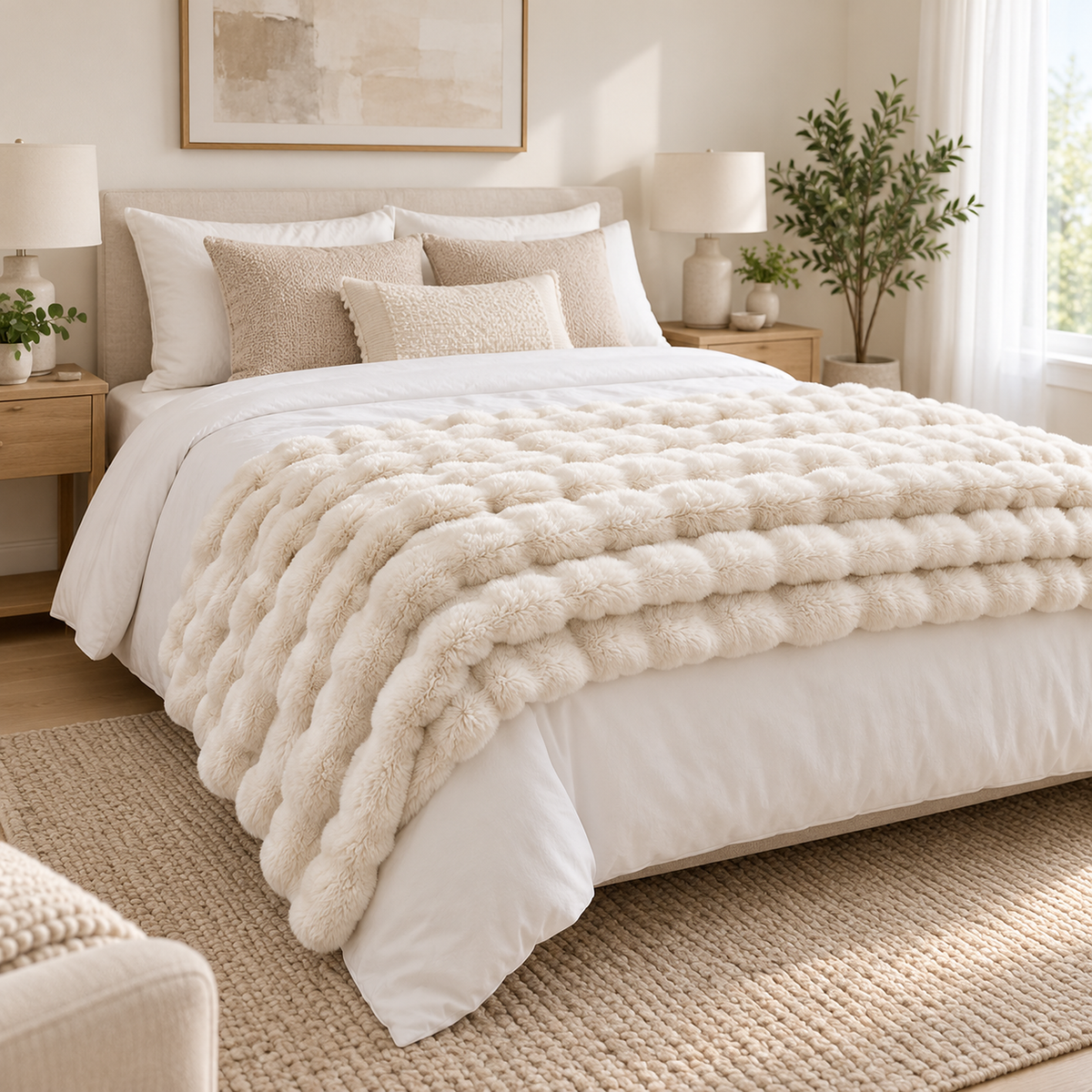 Tavenel coral fleece blanket in white, a soft throw blanket folded across the foot of a queen bed #color_white