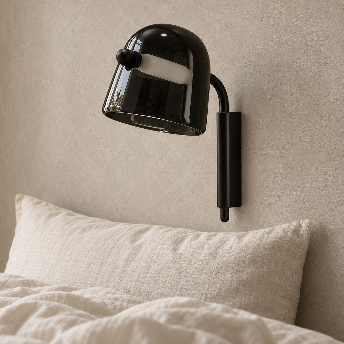 Tavessi black glass wall sconce dome close up showing the unlit tube and rim
