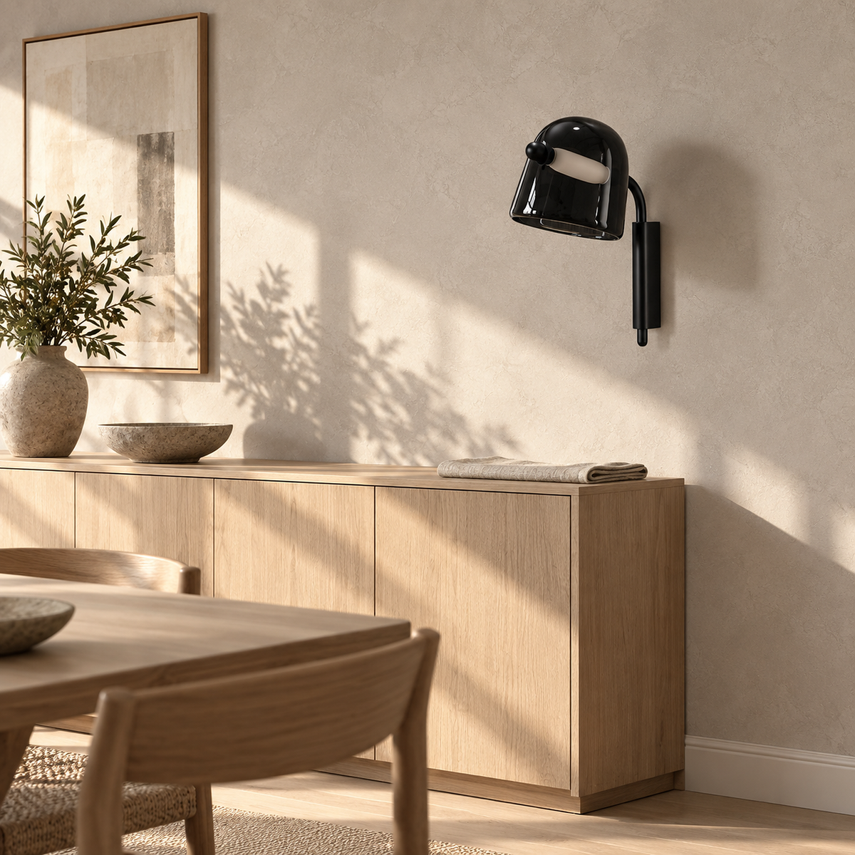 Tavessi black glass wall sconce unlit above a sunlit sideboard in a dining room