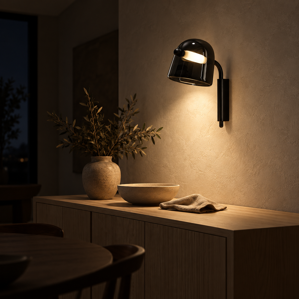 Tavessi black LED wall sconce washing plaster above a sideboard at night