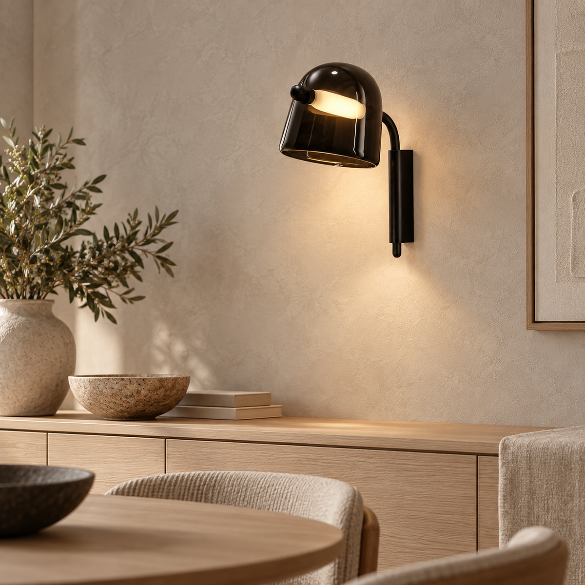 Tavessi black LED wall sconce with its metal mounting plate flush to the wall