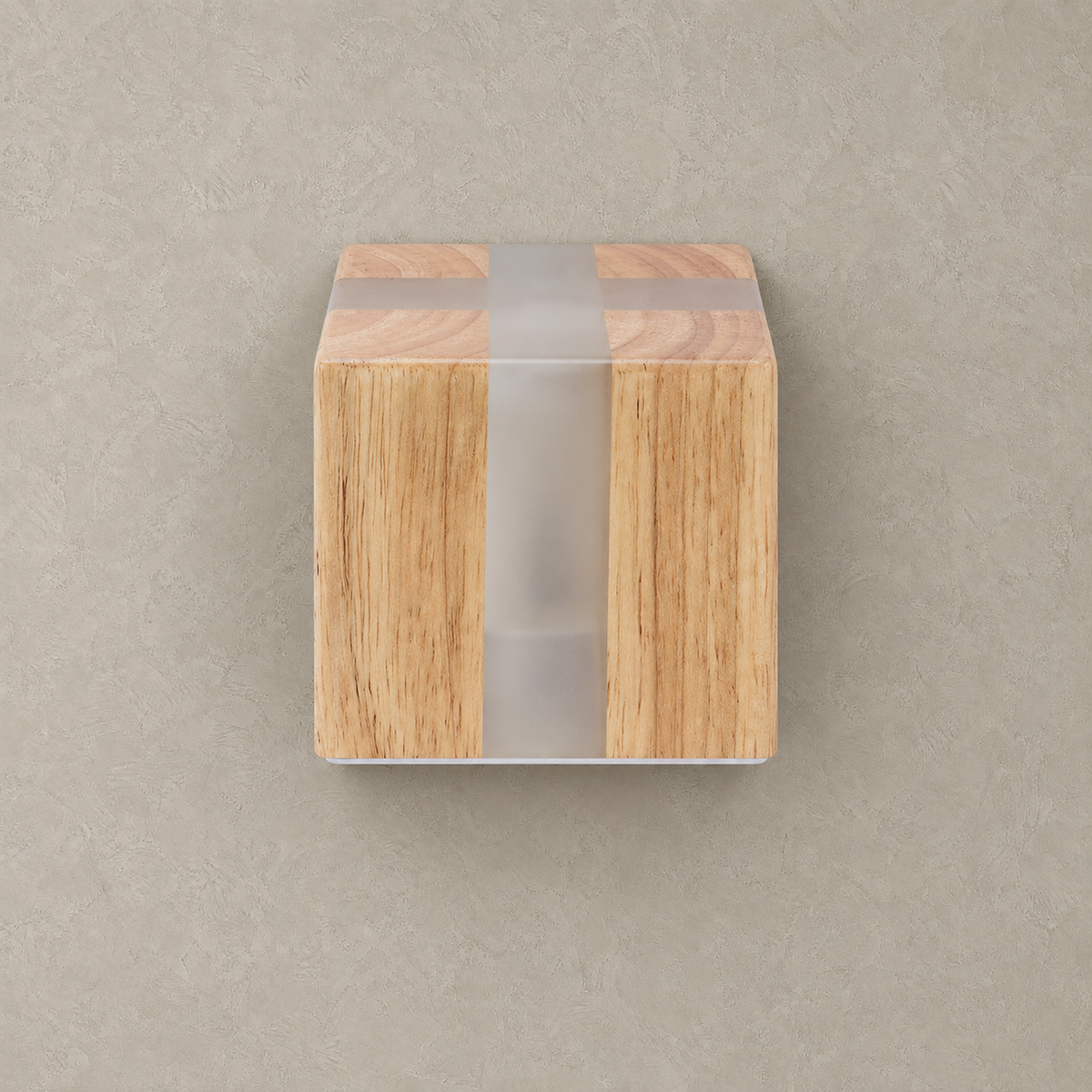 Tavimero plug in led wall sconce, unlit against warm greige plaster, with a pale grain finish and milky bands
