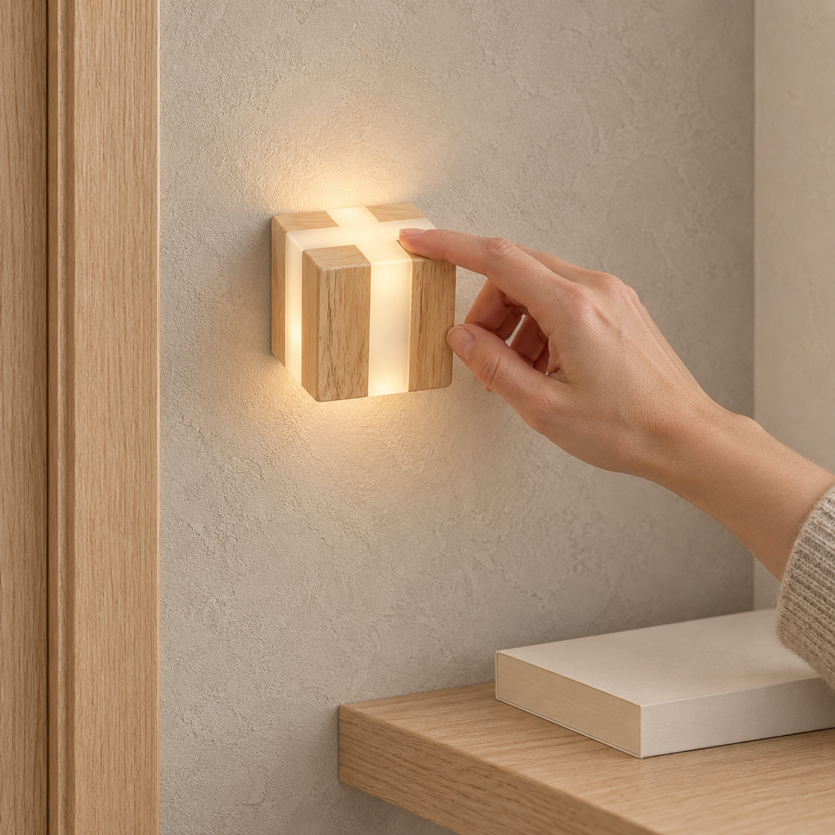 Tavimero wood plug in wall light lit on a narrow hallway wall, its compact body about 8 cm wide