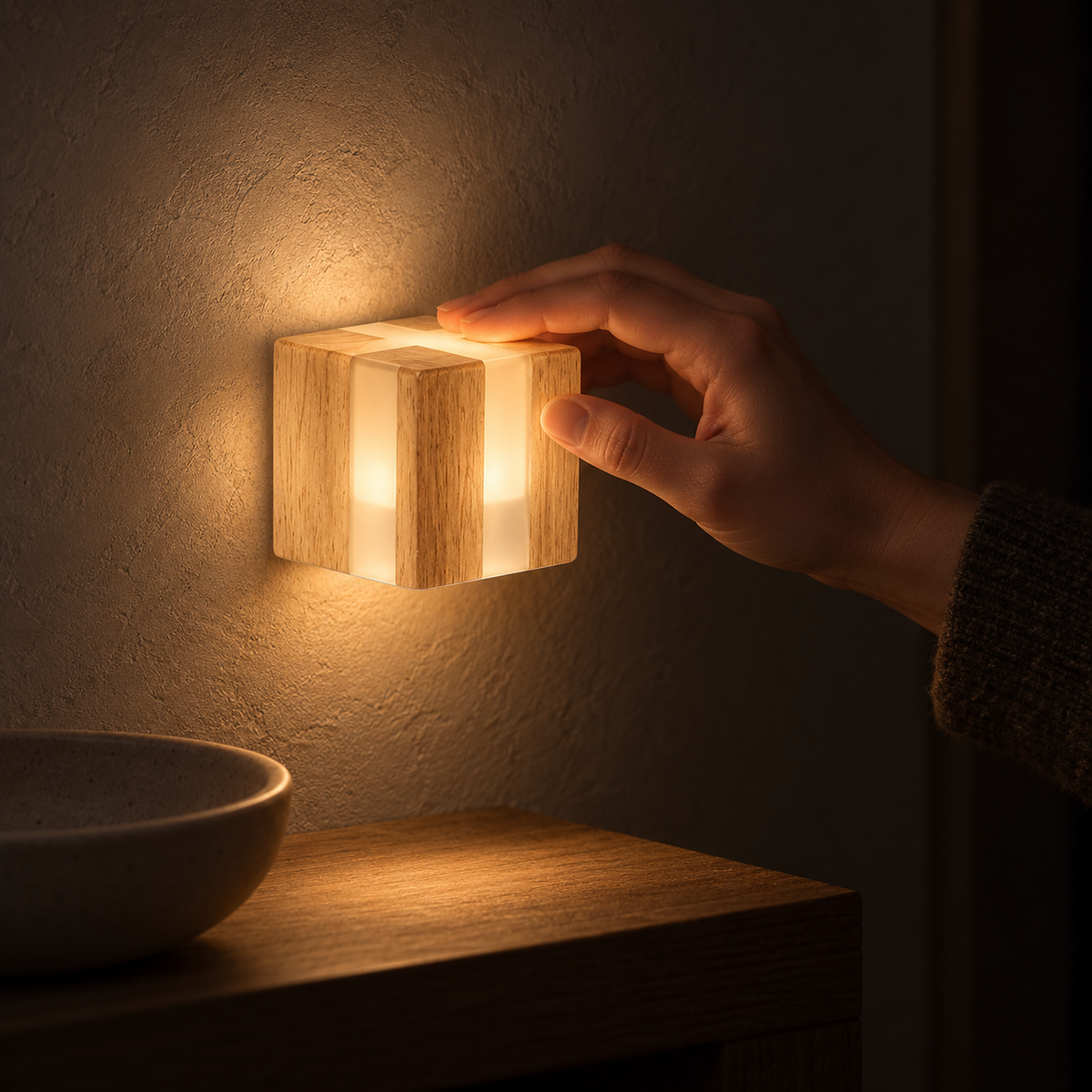 Tavimero plug in led wall sconce glowing warm white in an entryway at night