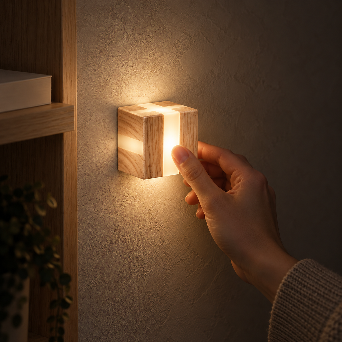 Tavimero wood wall sconce glowing beside books in a living room at night