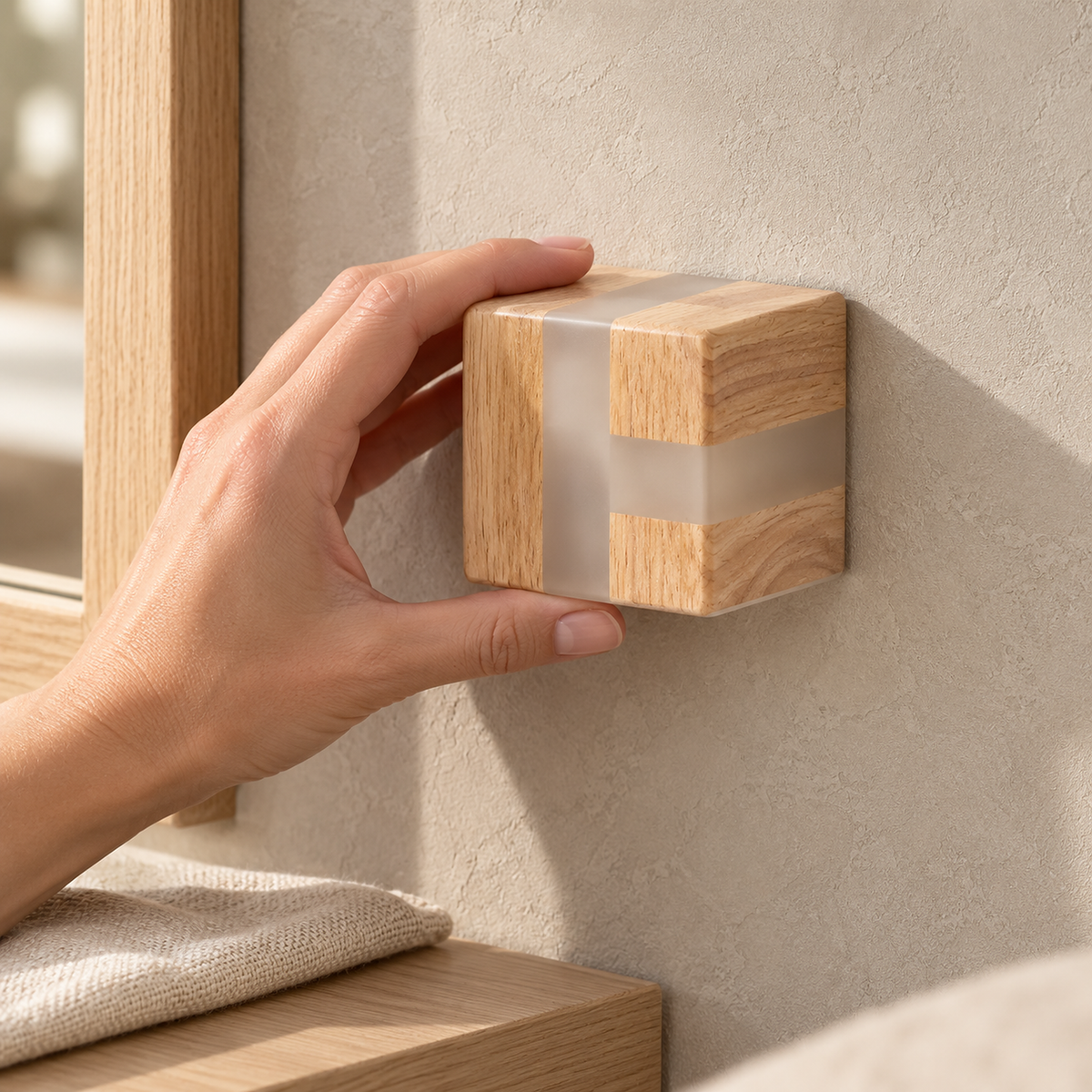 Tavimero led wall sconce switched off, hanging as small wall decor in a bedroom dressing corner