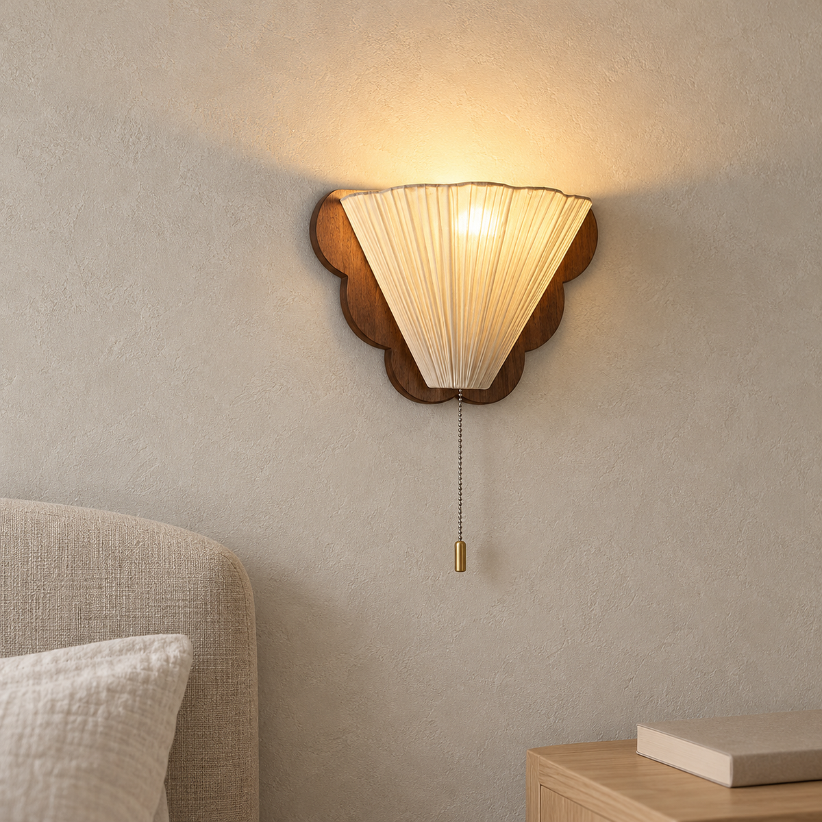 Tavinelo wood bedside wall light glowing warm next to a bedroom headboard in daylight