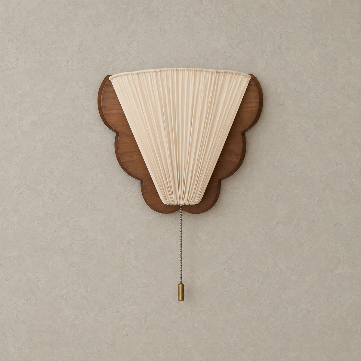 Tavinelo wood hardwired wall sconce with a rubber wood backplate and unlit fabric shade on a plain backdrop