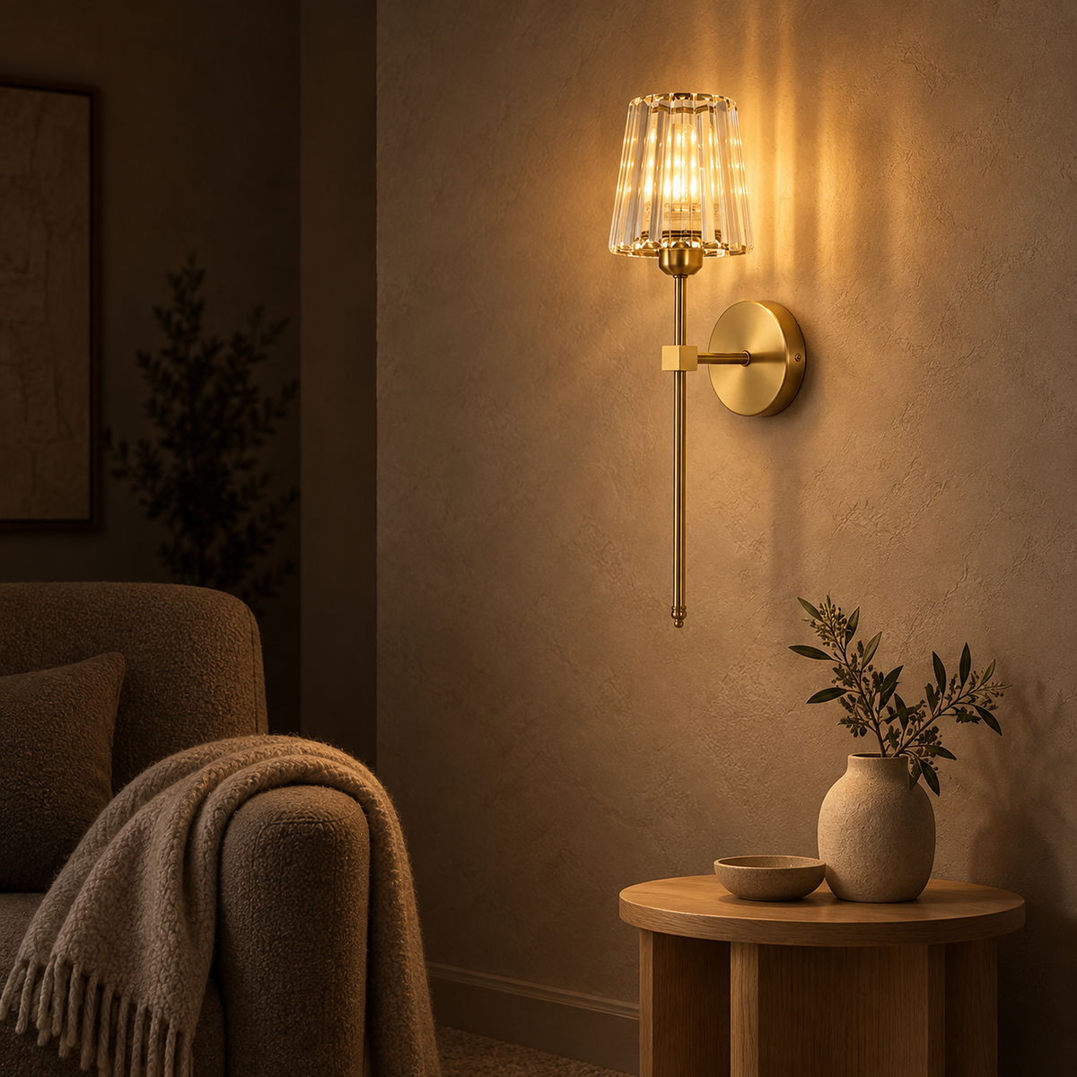 Tavirelo gold LED wall sconce casting warm light in a reading alcove at night