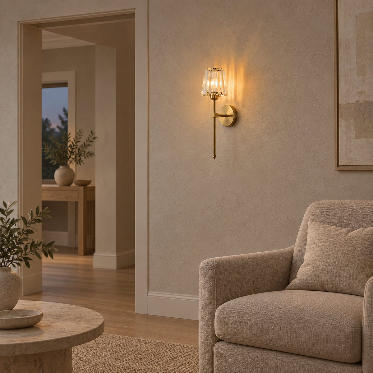 Tavirelo gold rechargeable wall sconce casting warm light beside a living room armchair