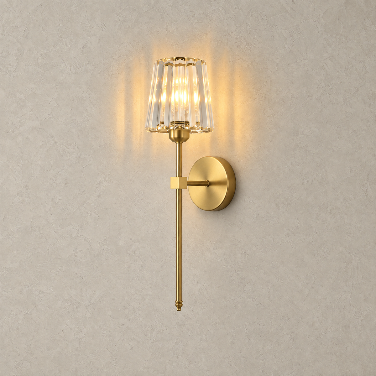Tavirelo gold rechargeable wall sconce glowing against plain greige plaster #color_gold
